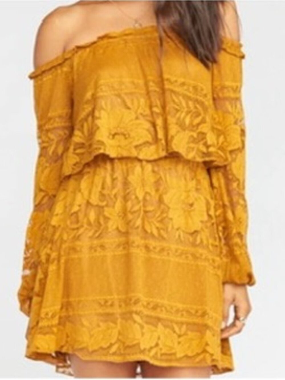 Show me your Mumu Bess boho yellow gold off the shoulder lace dress
